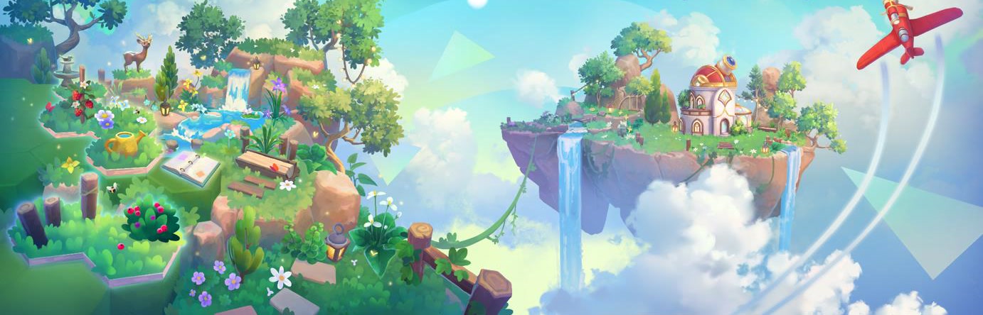 Visuel officiel du jeu : deux îles flottantes, un observatoire, des cascades et un avion