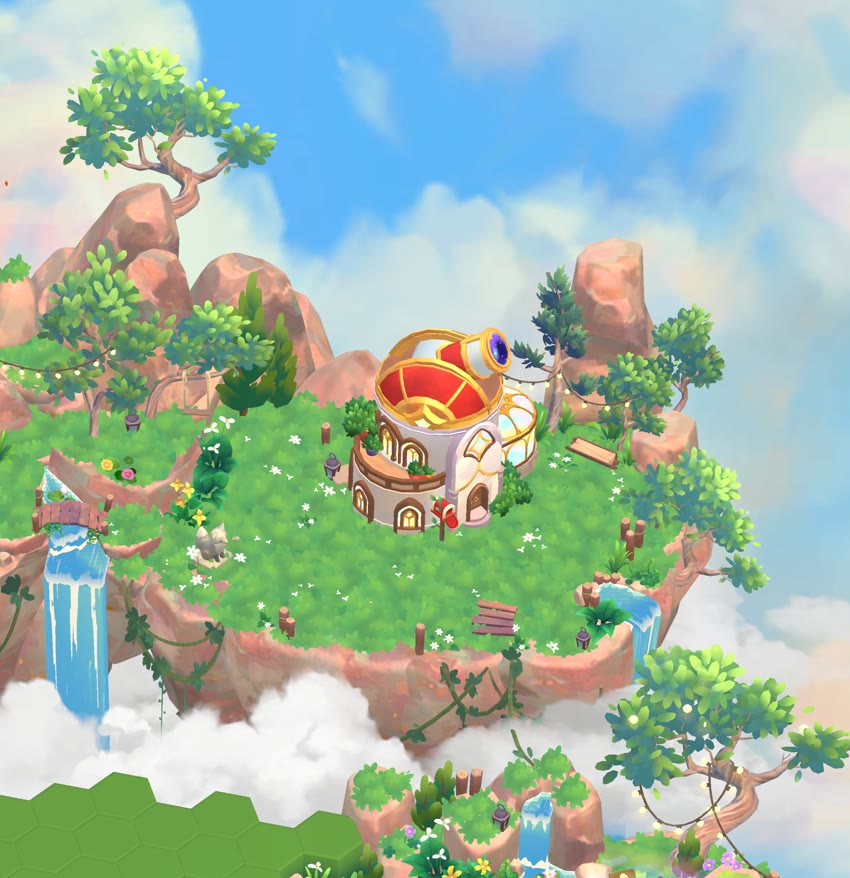 Capture du jeu : l’observatoire posé sur une île au milieu des nuages